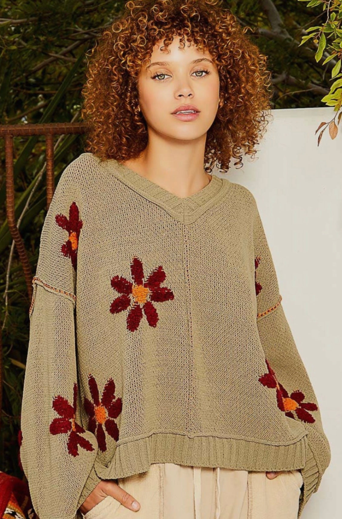 V-Neck Floral Chenille Sweater